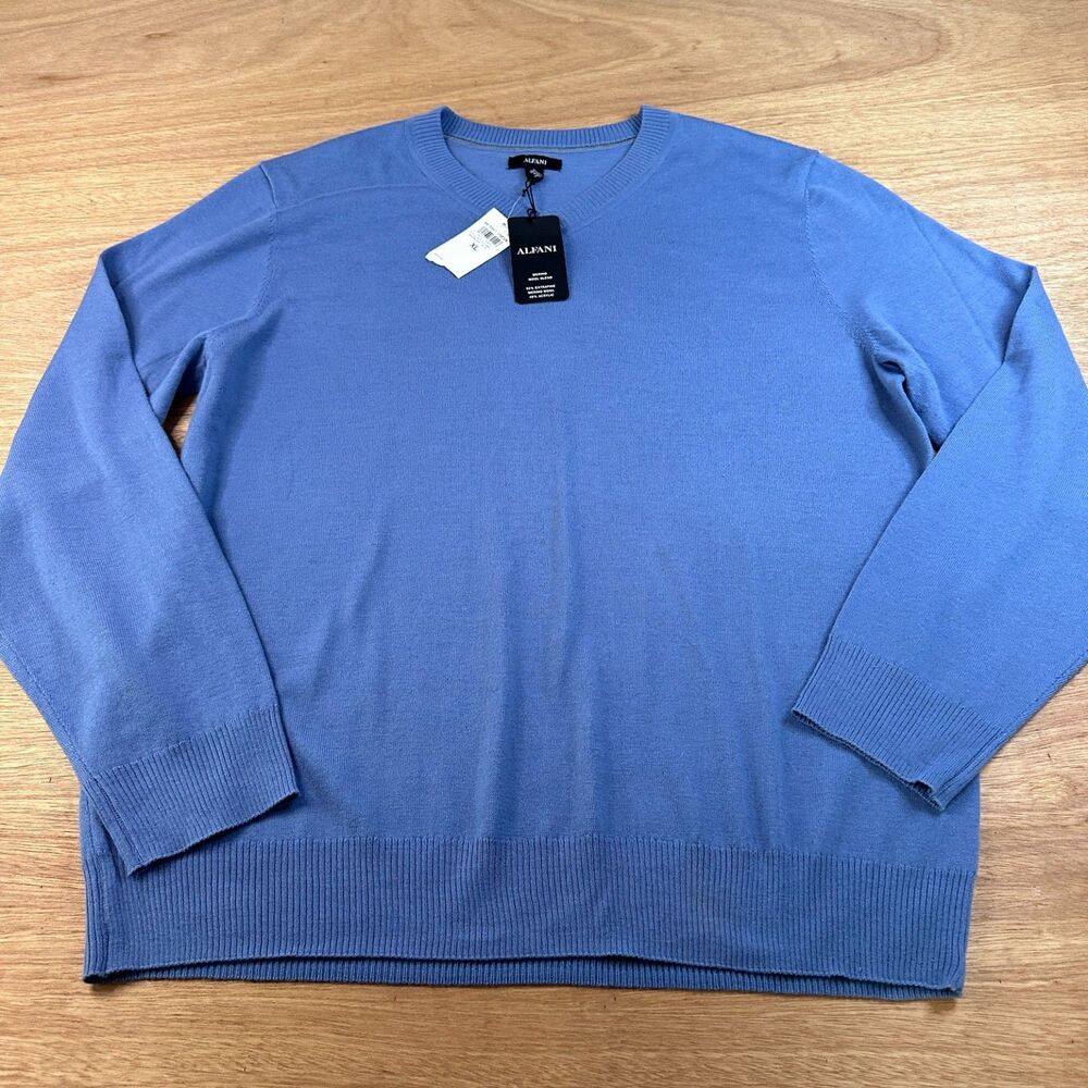 Alfani Merino Wool Blend Sweater Mens XL Blue Crew Neck Lightweight NWT